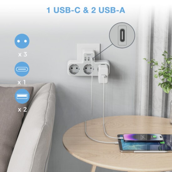 ΠΟΛΥΜΠΡΙΖΟ ΤΟΙΧΟΥ ΜΕ 3 SCHUKO & 2 USB & 1 TYPE C